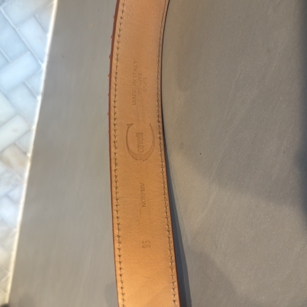 Just Cavalli Raffia Summer Tan Leather Belt with Gold Accents - Picture 3 of 9